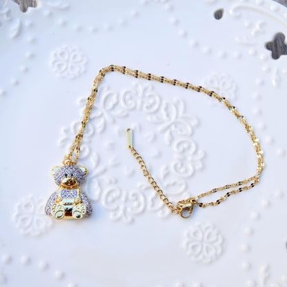 Diamond Bear Pendant Necklace - Cubic Zirconia Stainless Steel Necklace