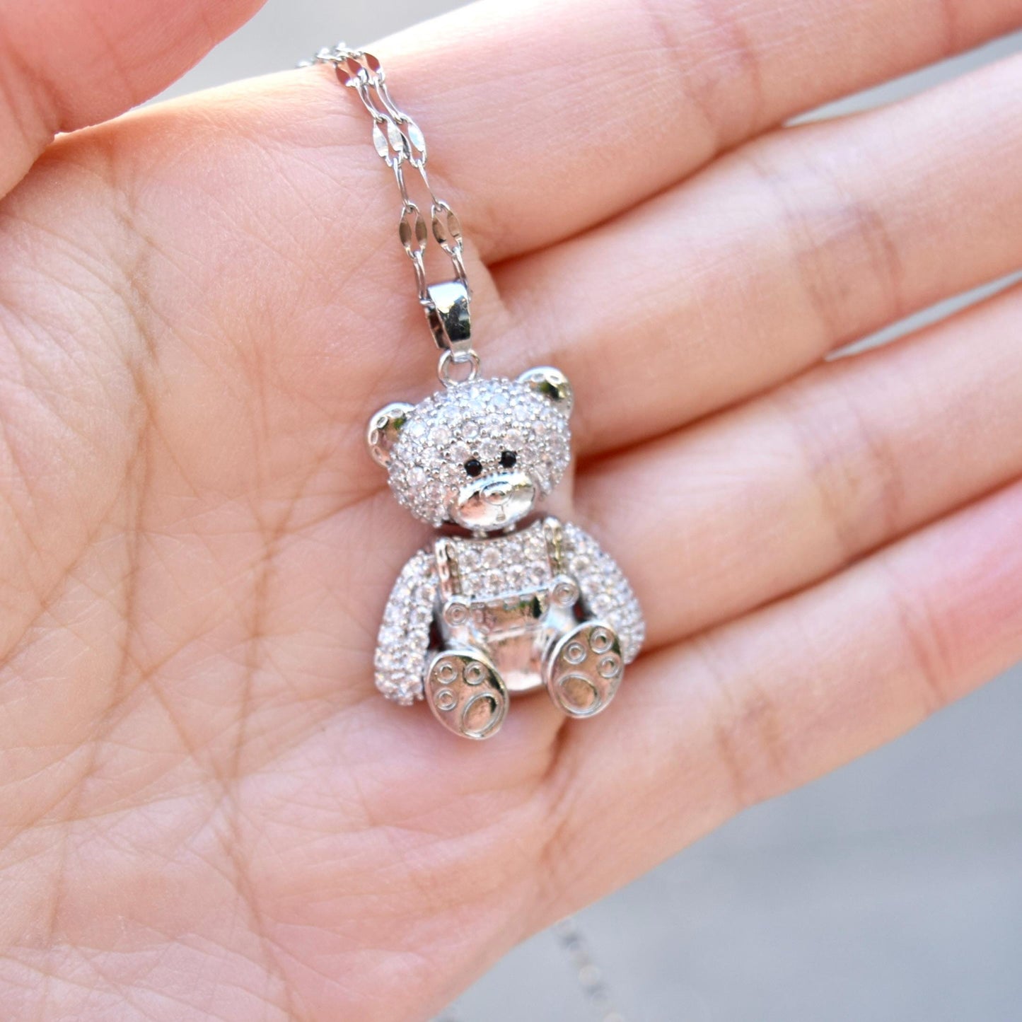 Diamond Bear Pendant Necklace - Cubic Zirconia Stainless Steel Necklace