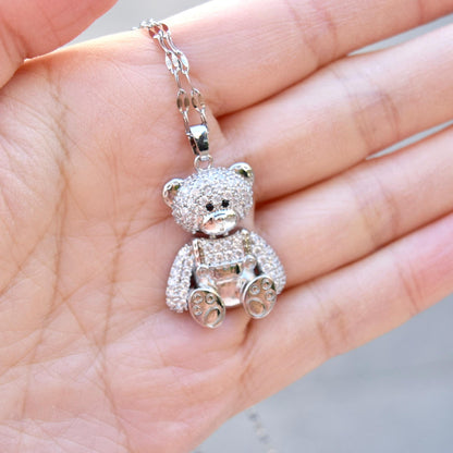 Diamond Bear Pendant Necklace - Cubic Zirconia Stainless Steel Necklace