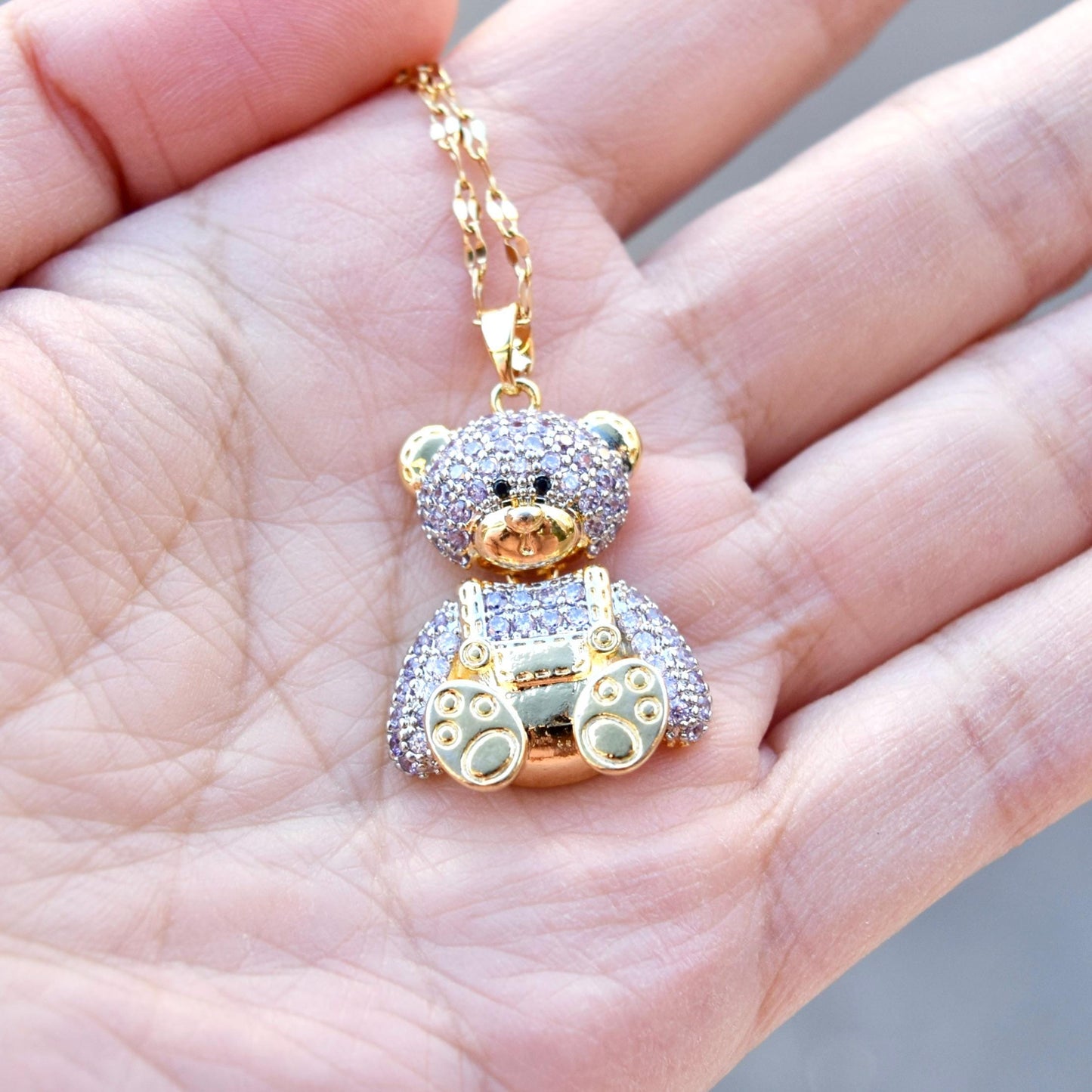 Diamond Bear Pendant Necklace - Cubic Zirconia Stainless Steel Necklace