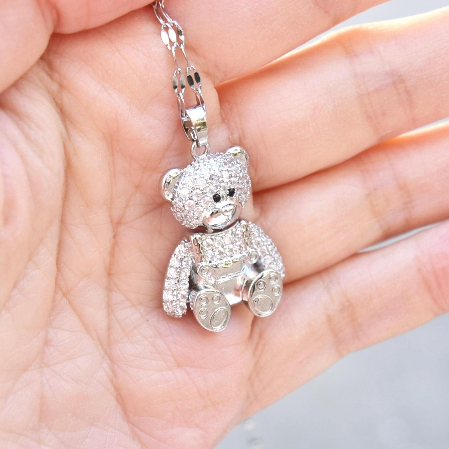 Diamond Bear Pendant Necklace - Cubic Zirconia Stainless Steel Necklace