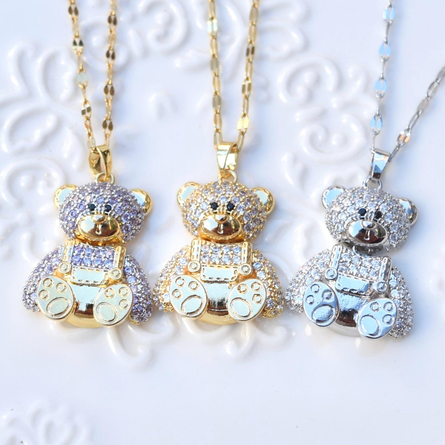 Diamond Bear Pendant Necklace - Cubic Zirconia Stainless Steel Necklace