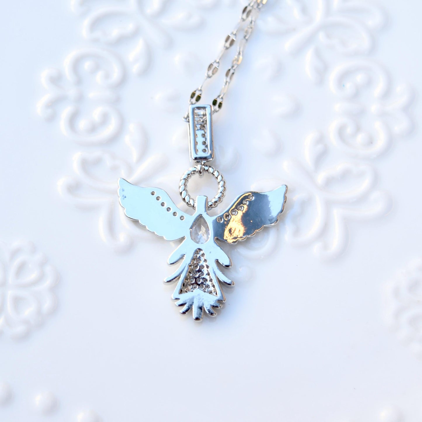Diamond Angel Pendant Necklace - Cubic Zirconia Stainless Steel Necklace