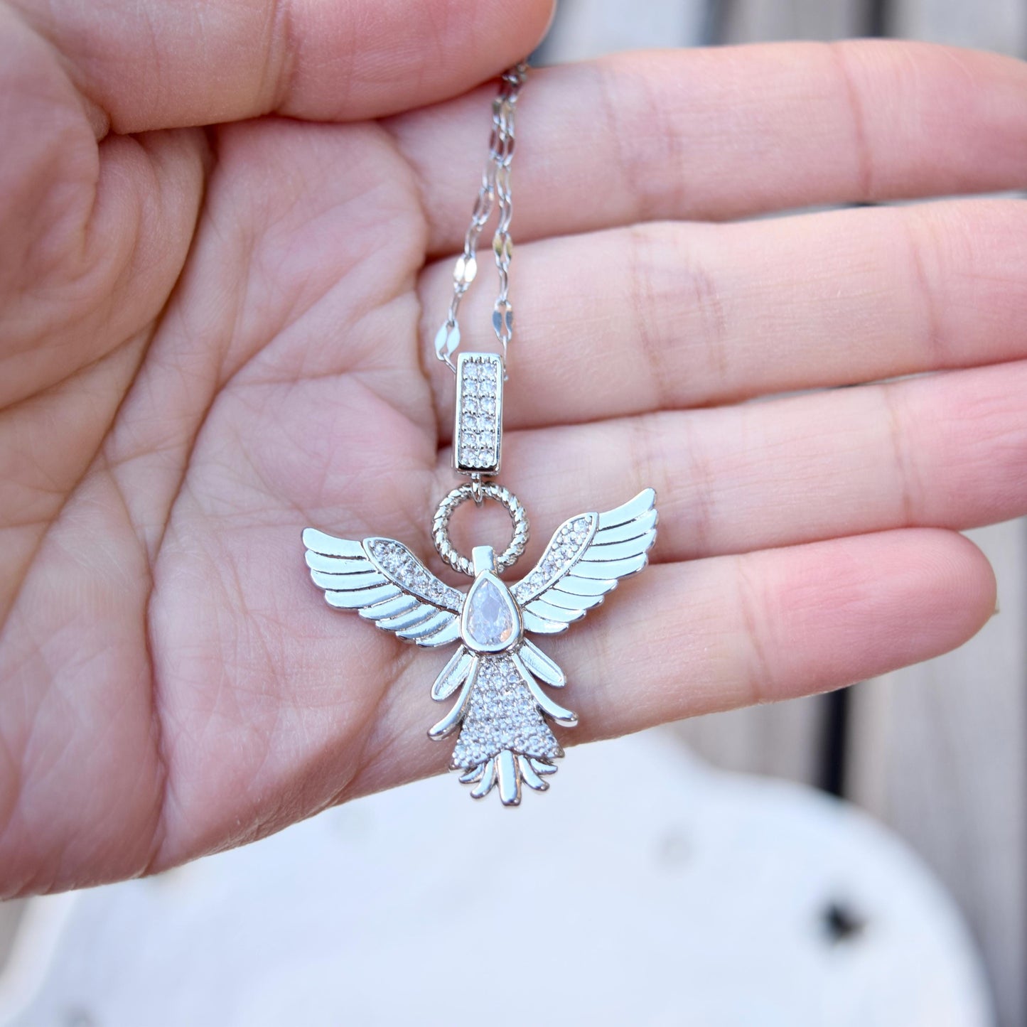 Diamond Angel Pendant Necklace - Cubic Zirconia Stainless Steel Necklace