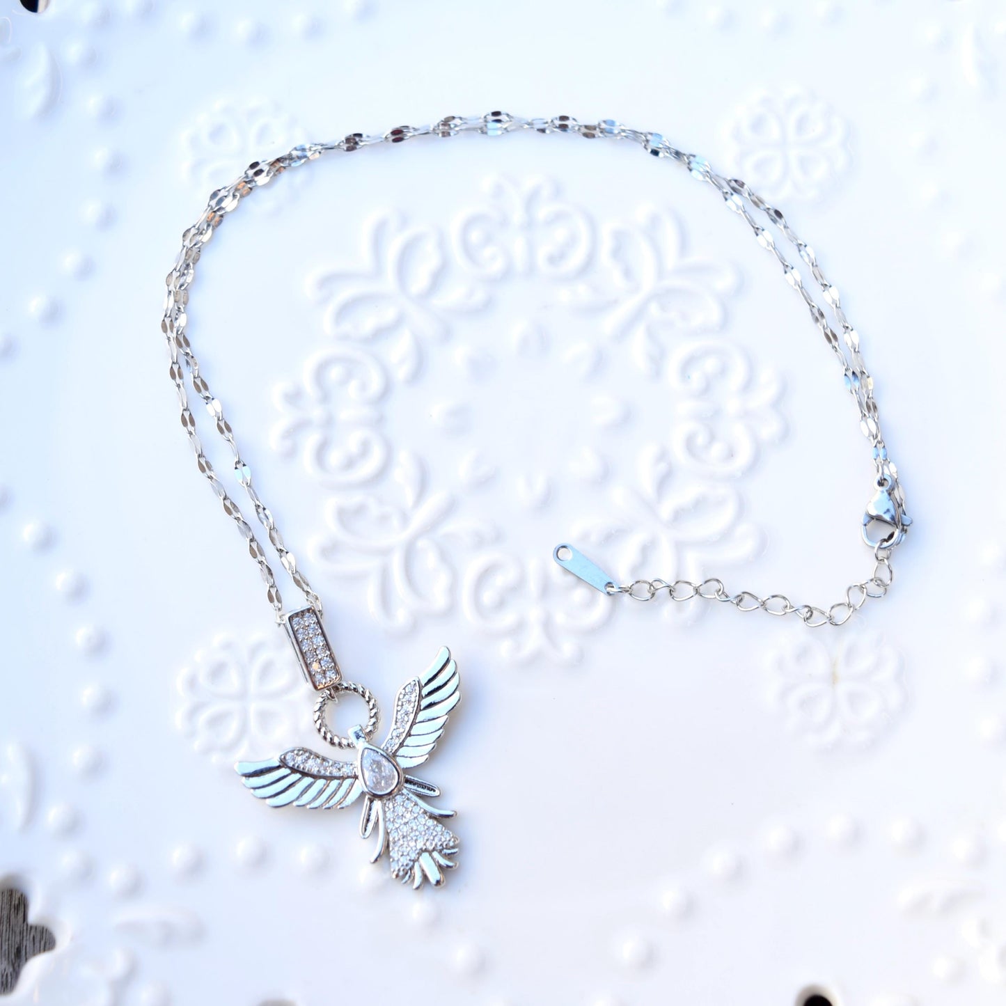 Diamond Angel Pendant Necklace - Cubic Zirconia Stainless Steel Necklace