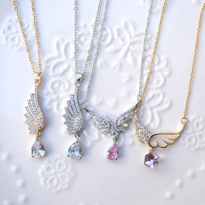 Diamond Angel Wings Pendant Necklace - Cubic Zirconia Stainless Steel Necklace