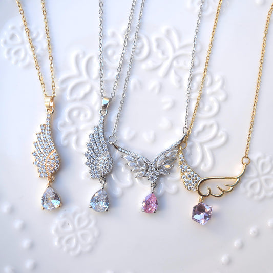 Diamond Angel Wings Pendant Necklace - Cubic Zirconia Stainless Steel Necklace