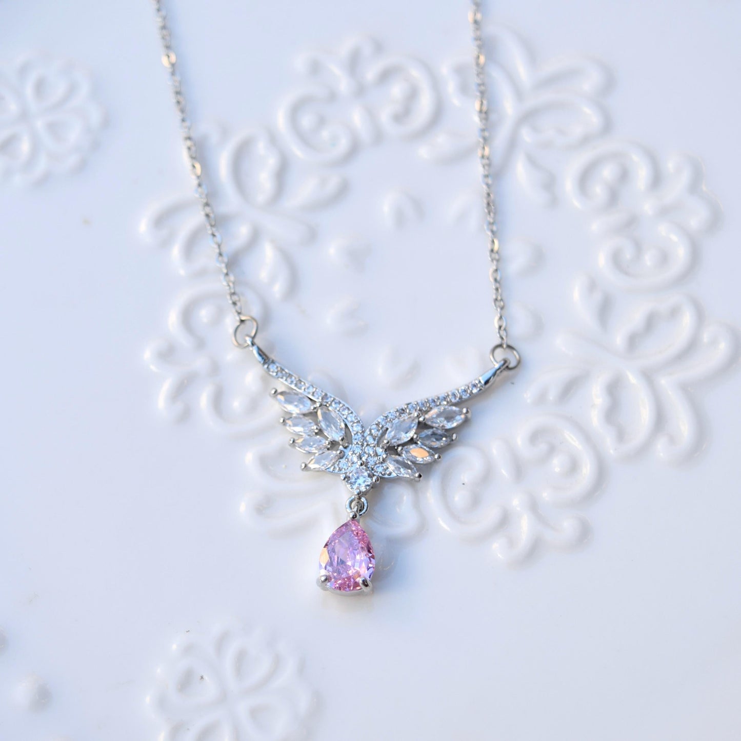 Diamond Angel Wings Pendant Necklace - Cubic Zirconia Stainless Steel Necklace