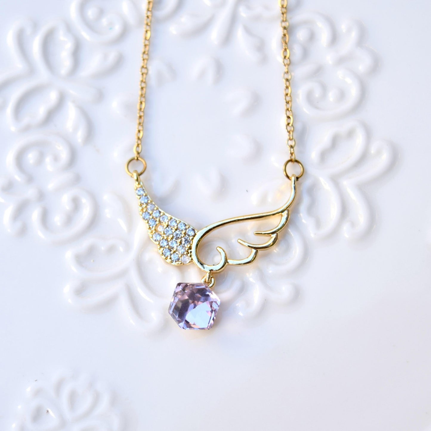 Diamond Angel Wings Pendant Necklace - Cubic Zirconia Stainless Steel Necklace