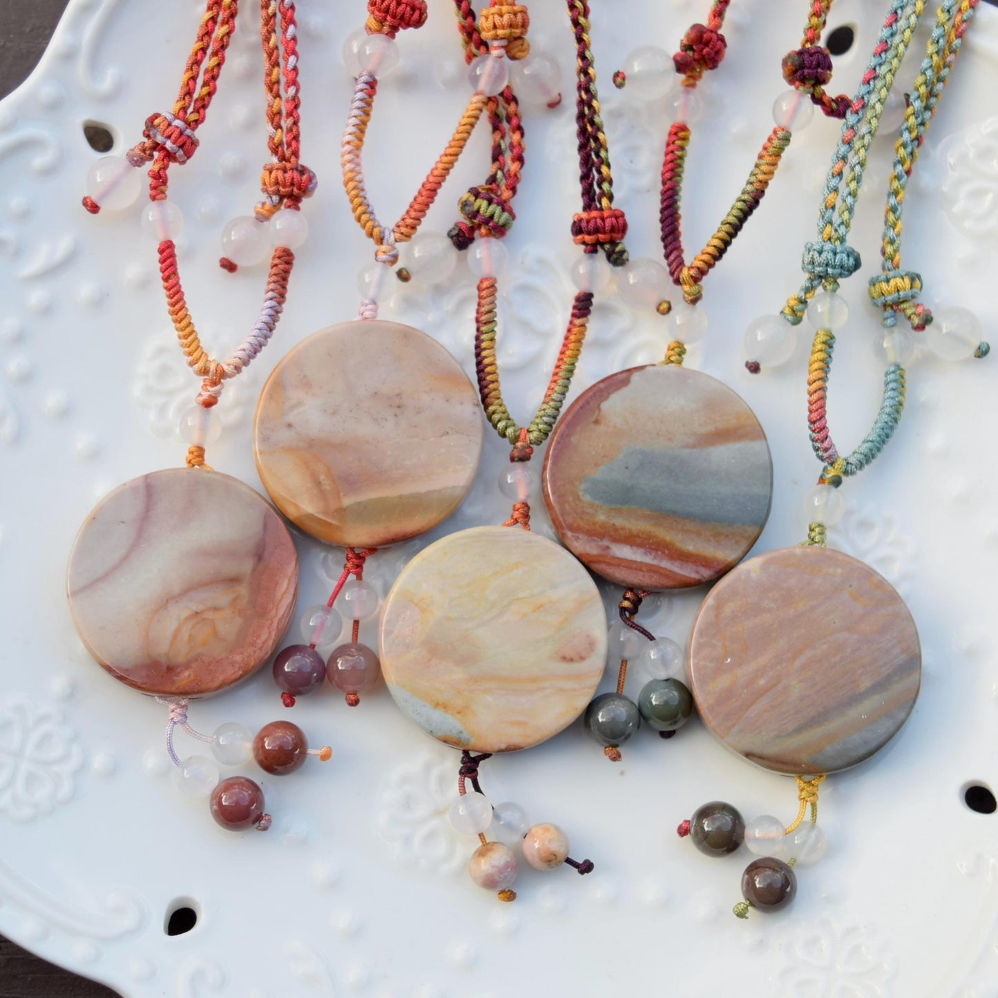 Colorful Melody Rabbit Pendant Braided Necklace - Ocean Jasper 海洋石 - Adjustable Rope Necklace