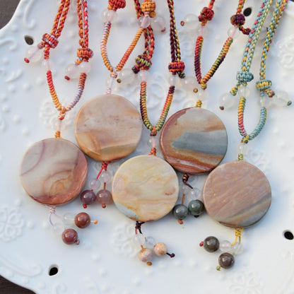 Colorful Melody Rabbit Pendant Braided Necklace - Ocean Jasper 海洋石 - Adjustable Rope Necklace