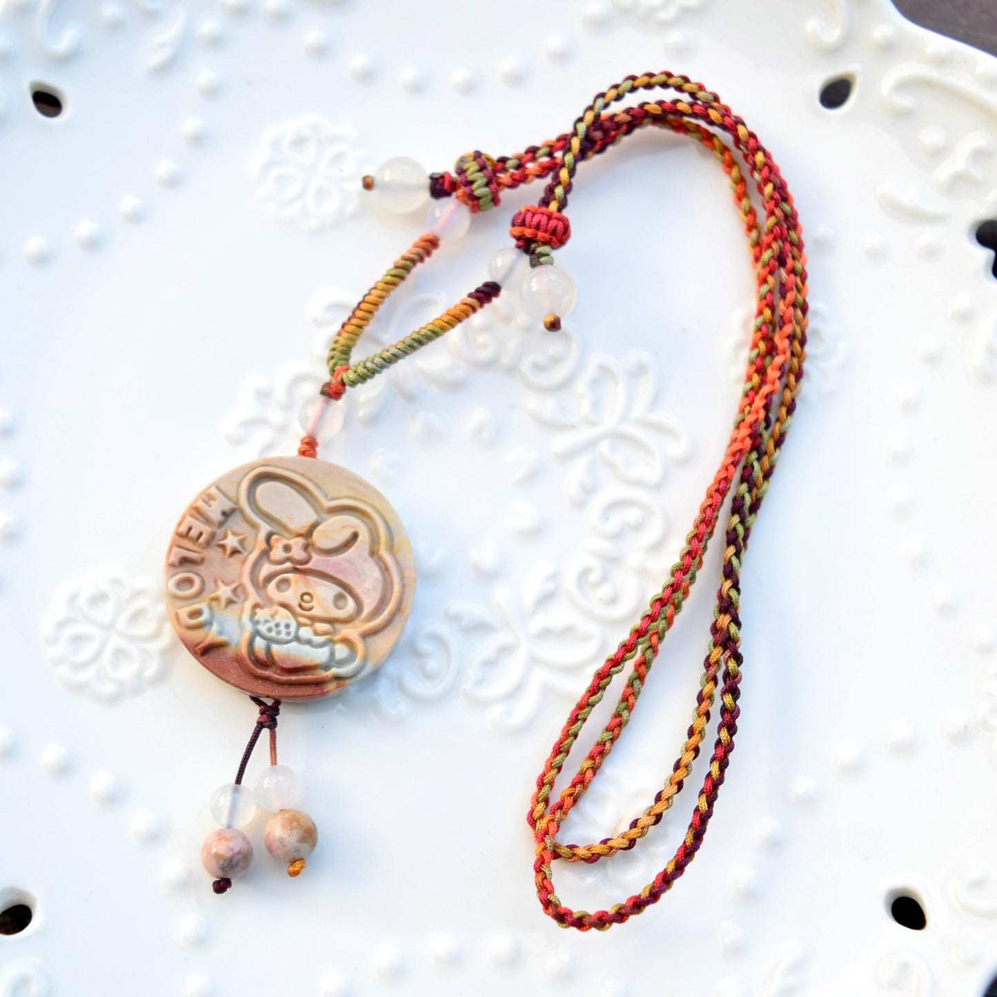 Colorful Melody Rabbit Pendant Braided Necklace - Ocean Jasper 海洋石 - Adjustable Rope Necklace