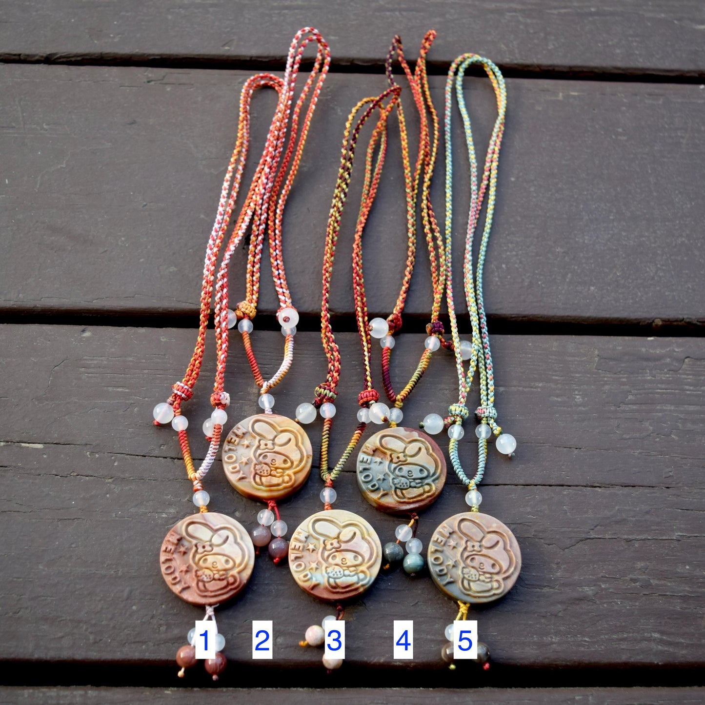 Colorful Melody Rabbit Pendant Braided Necklace - Ocean Jasper 海洋石 - Adjustable Rope Necklace