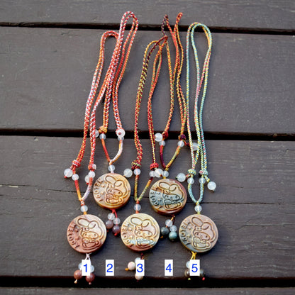Colorful Melody Rabbit Pendant Braided Necklace - Ocean Jasper 海洋石 - Adjustable Rope Necklace