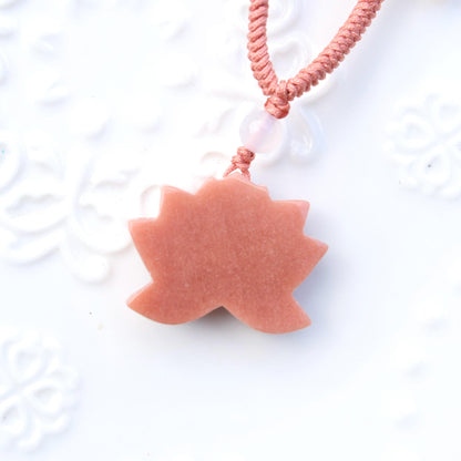 Pink Lotus Peony Pendant Rope Necklace - Aventurine Quartz Jade Pendant