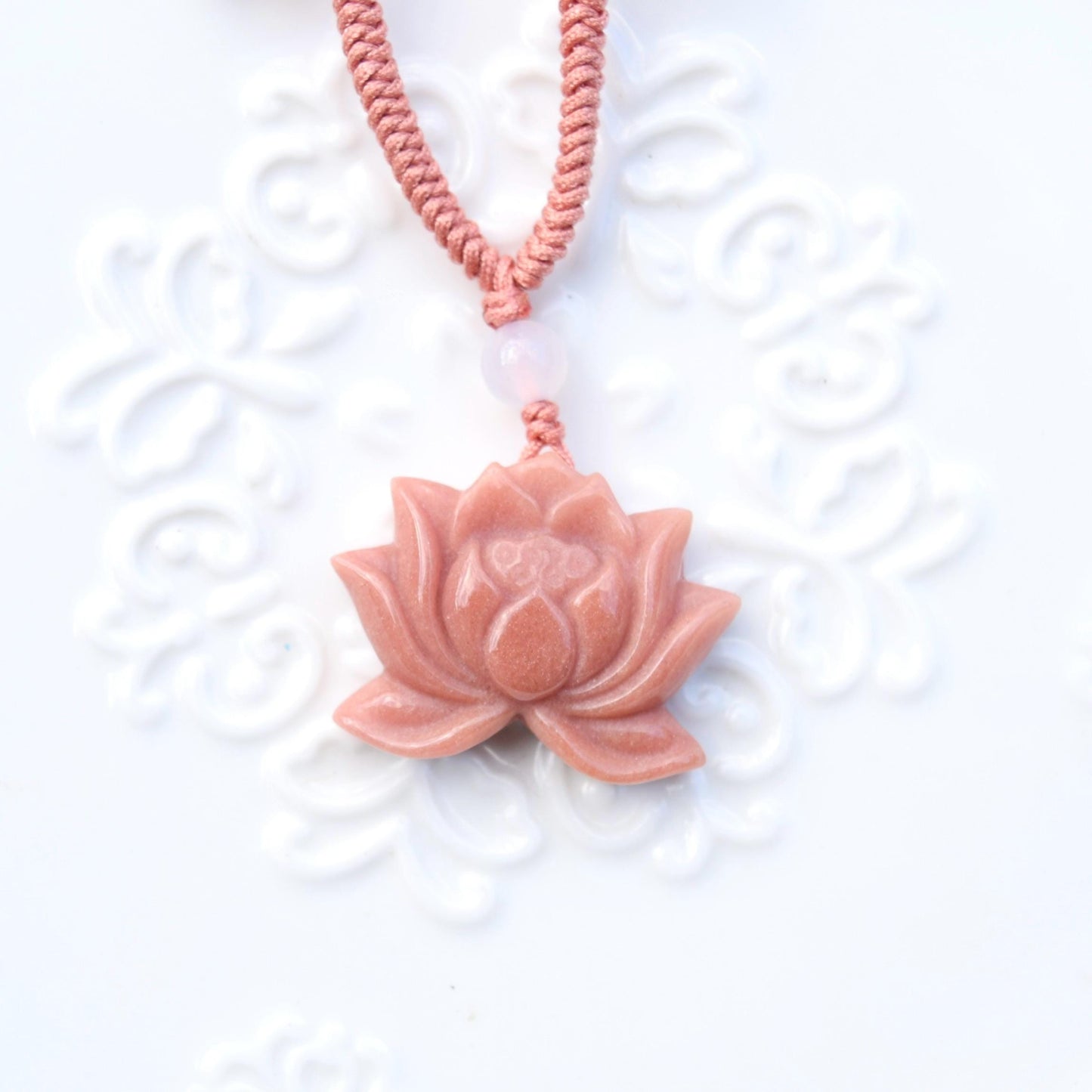 Pink Lotus Peony Pendant Rope Necklace - Aventurine Quartz Jade Pendant