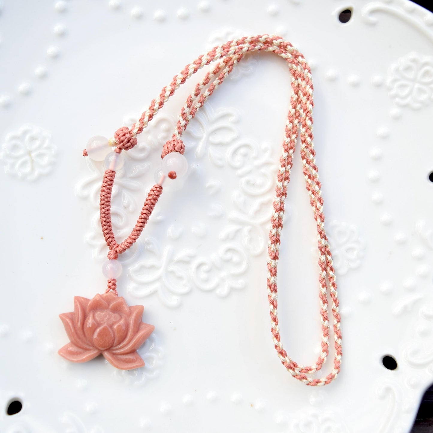 Pink Lotus Peony Pendant Rope Necklace - Aventurine Quartz Jade Pendant