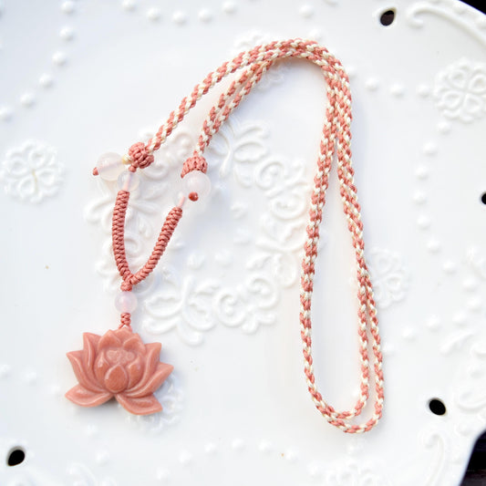 Pink Lotus Peony Pendant Rope Necklace - Aventurine Quartz Jade Pendant