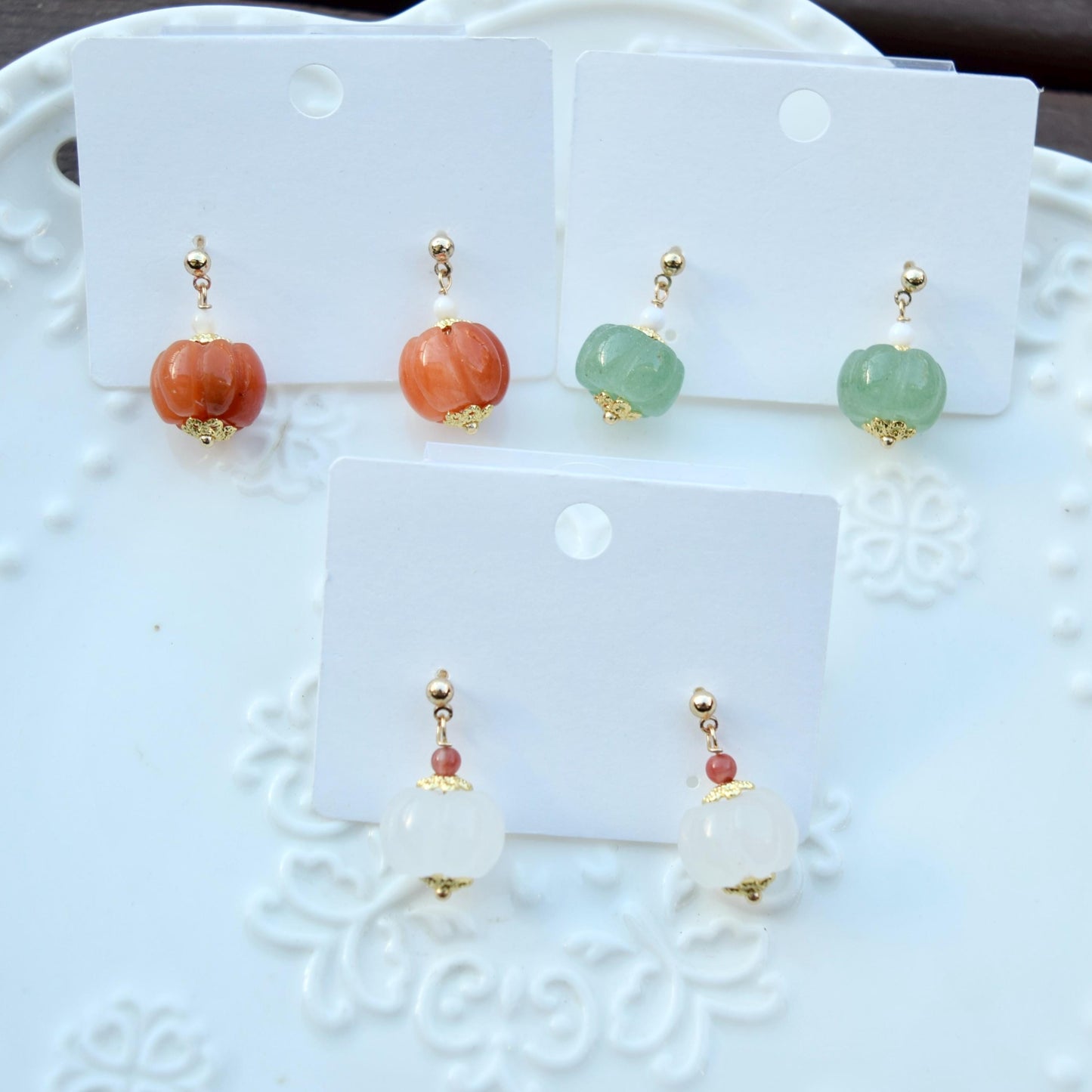 Pumpkin Jade Pearl Earrings - Gold Pearl Chinese Jewelry