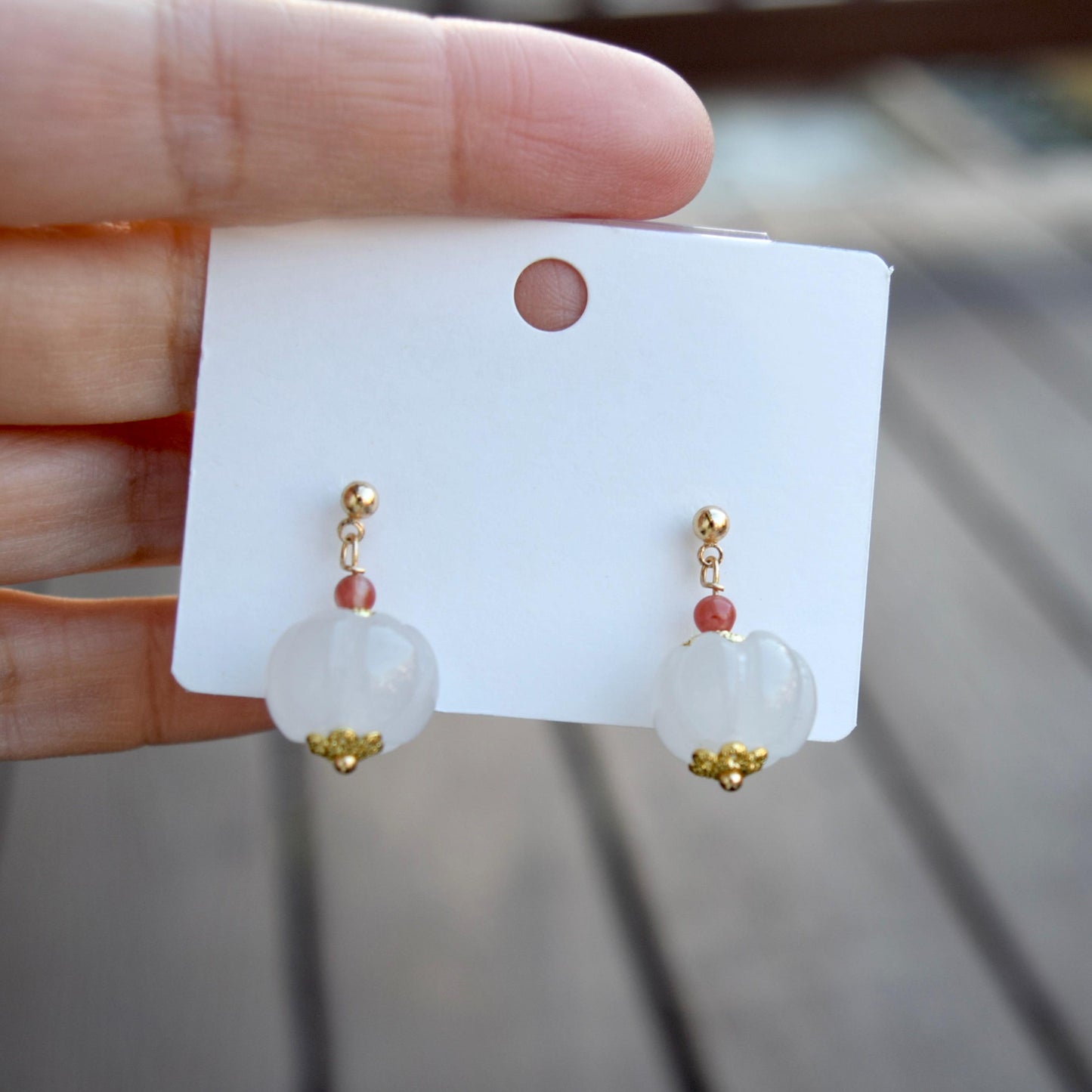 Pumpkin Jade Pearl Earrings - Gold Pearl Chinese Jewelry