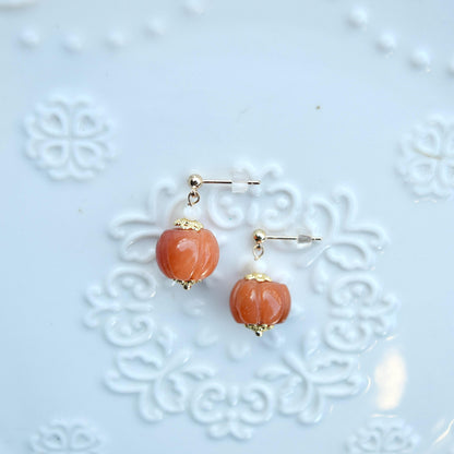 Pumpkin Jade Pearl Earrings - Gold Pearl Chinese Jewelry