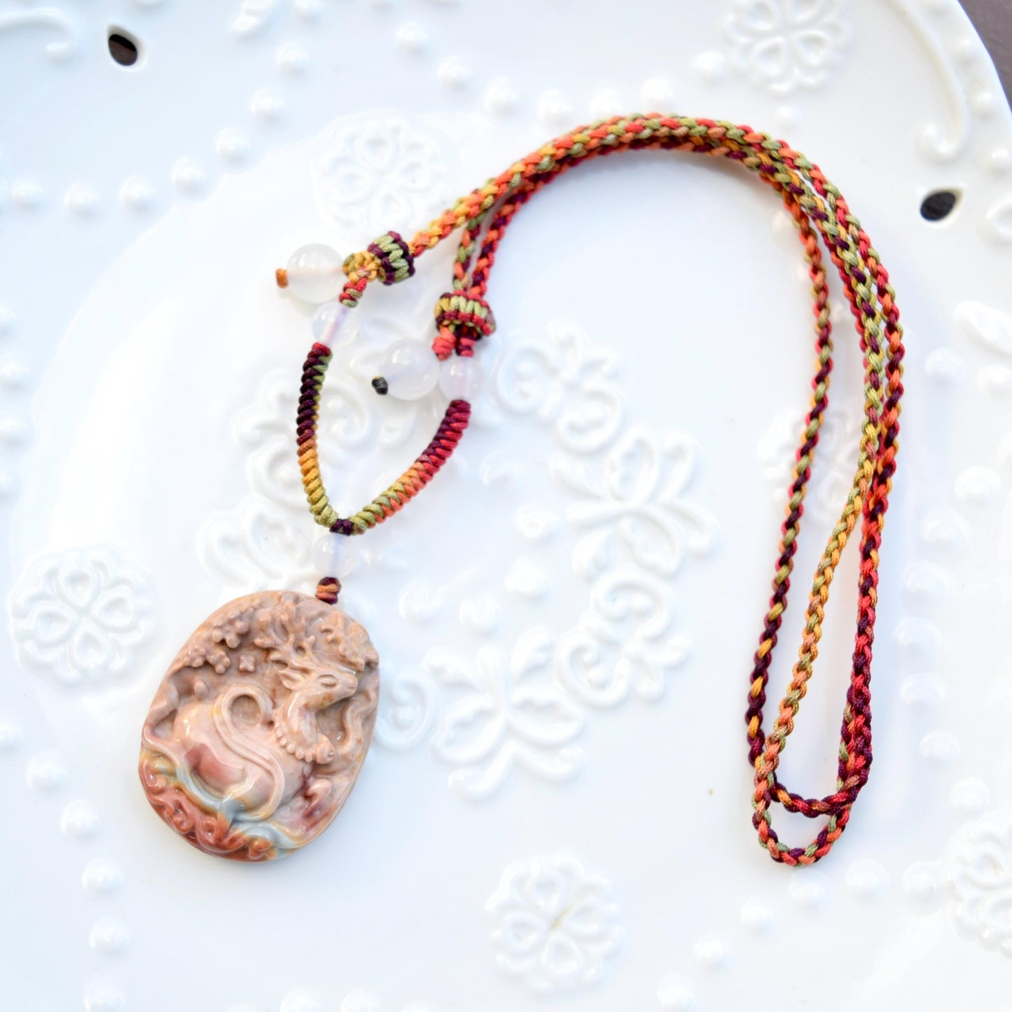 Christmas Deer Pendant Braided Necklace - Ocean Jasper 海洋石 - Adjustable Rope Necklace