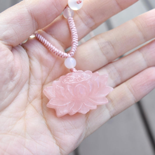 1 pc Pink Lotus Pendant Rope Necklace - Rose Quartz Crystal Pendant