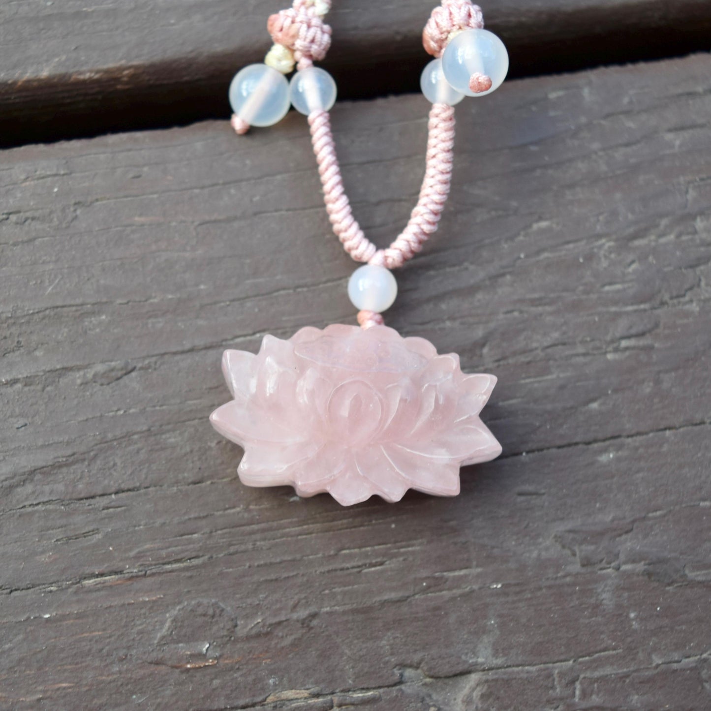 1 pc Pink Lotus Pendant Rope Necklace - Rose Quartz Crystal Pendant