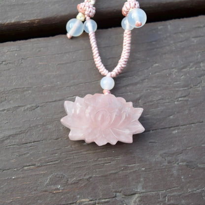1 pc Pink Lotus Pendant Rope Necklace - Rose Quartz Crystal Pendant