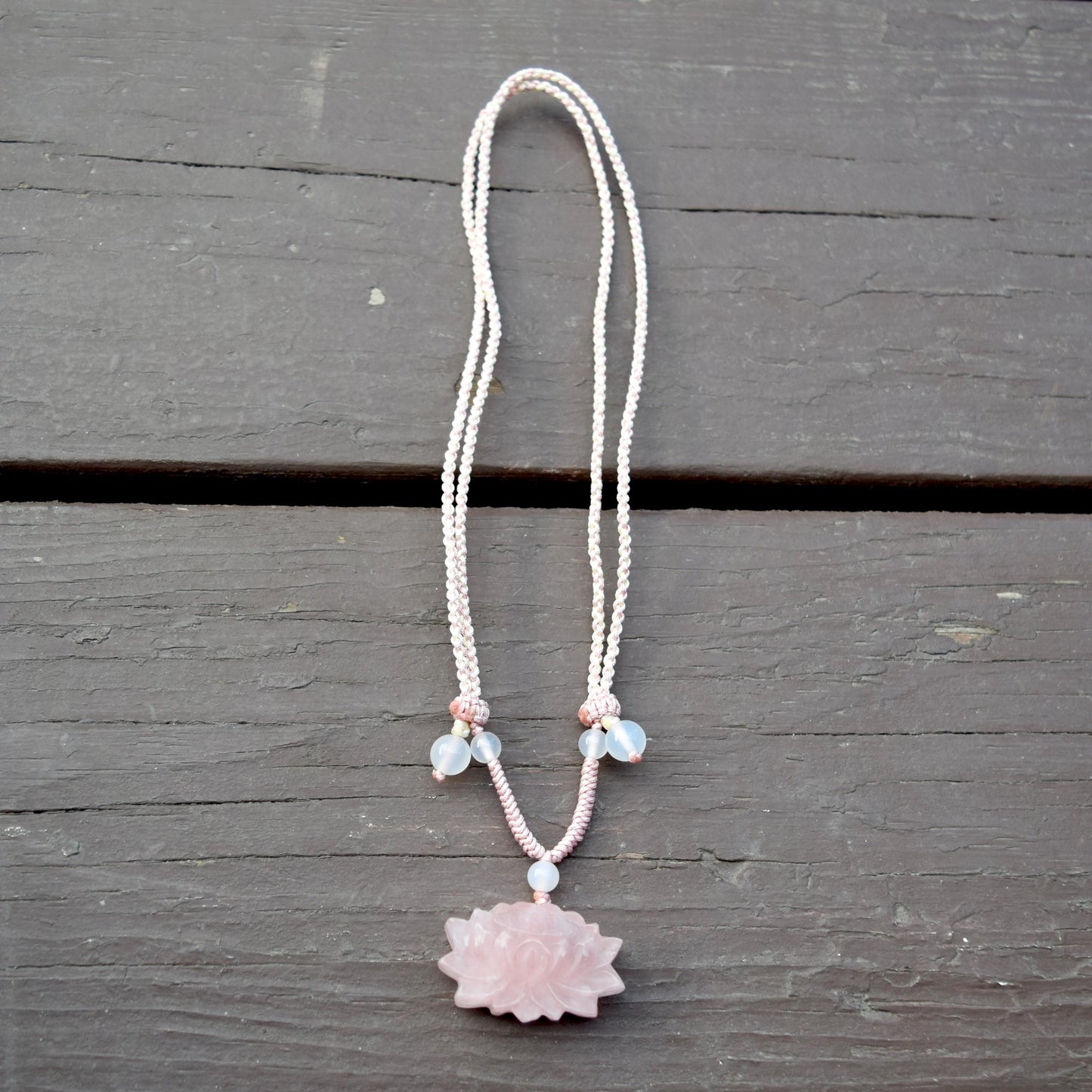 1 pc Pink Lotus Pendant Rope Necklace - Rose Quartz Crystal Pendant