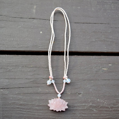 1 pc Pink Lotus Pendant Rope Necklace - Rose Quartz Crystal Pendant