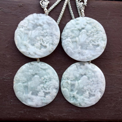 Jadeite Mountain Water Pendant Rope Necklace - Green White 天然翡翠山水牌