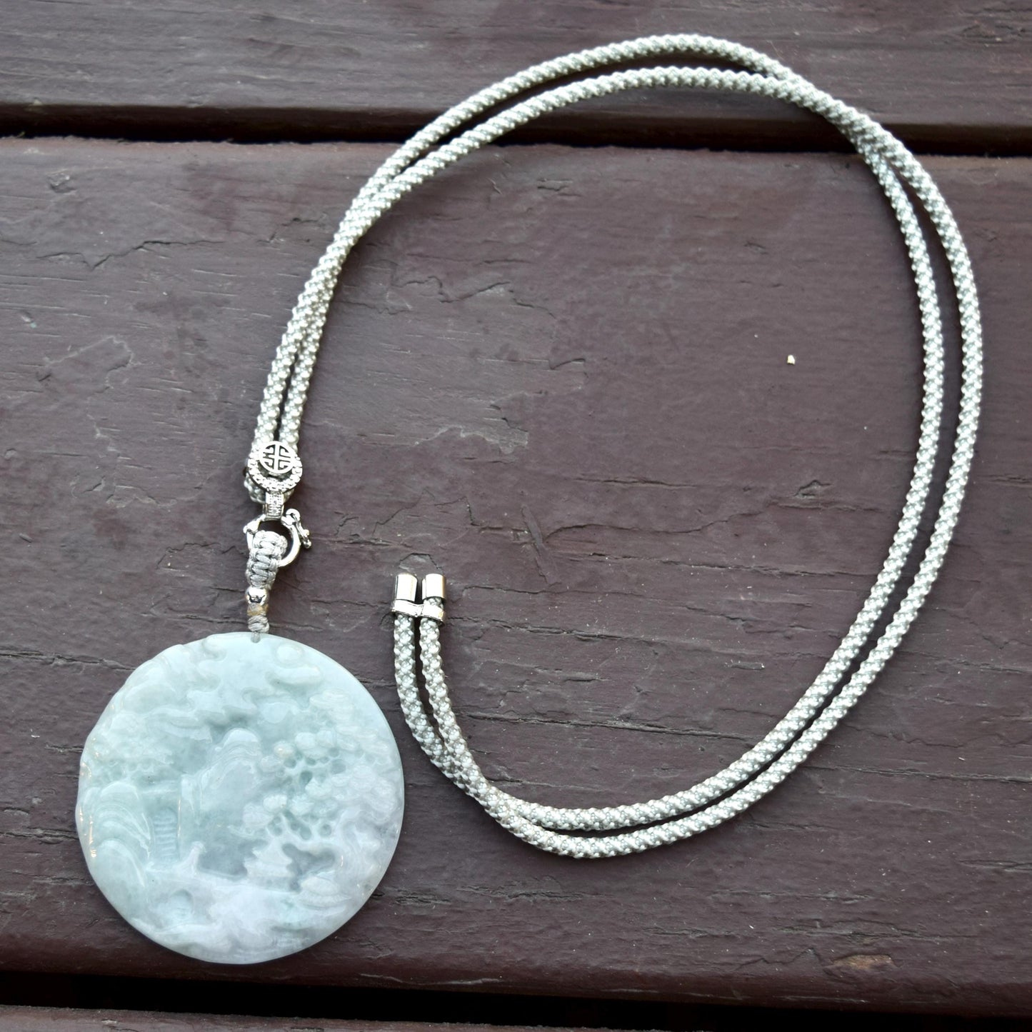 Jadeite Mountain Water Pendant Rope Necklace - Green White 天然翡翠山水牌