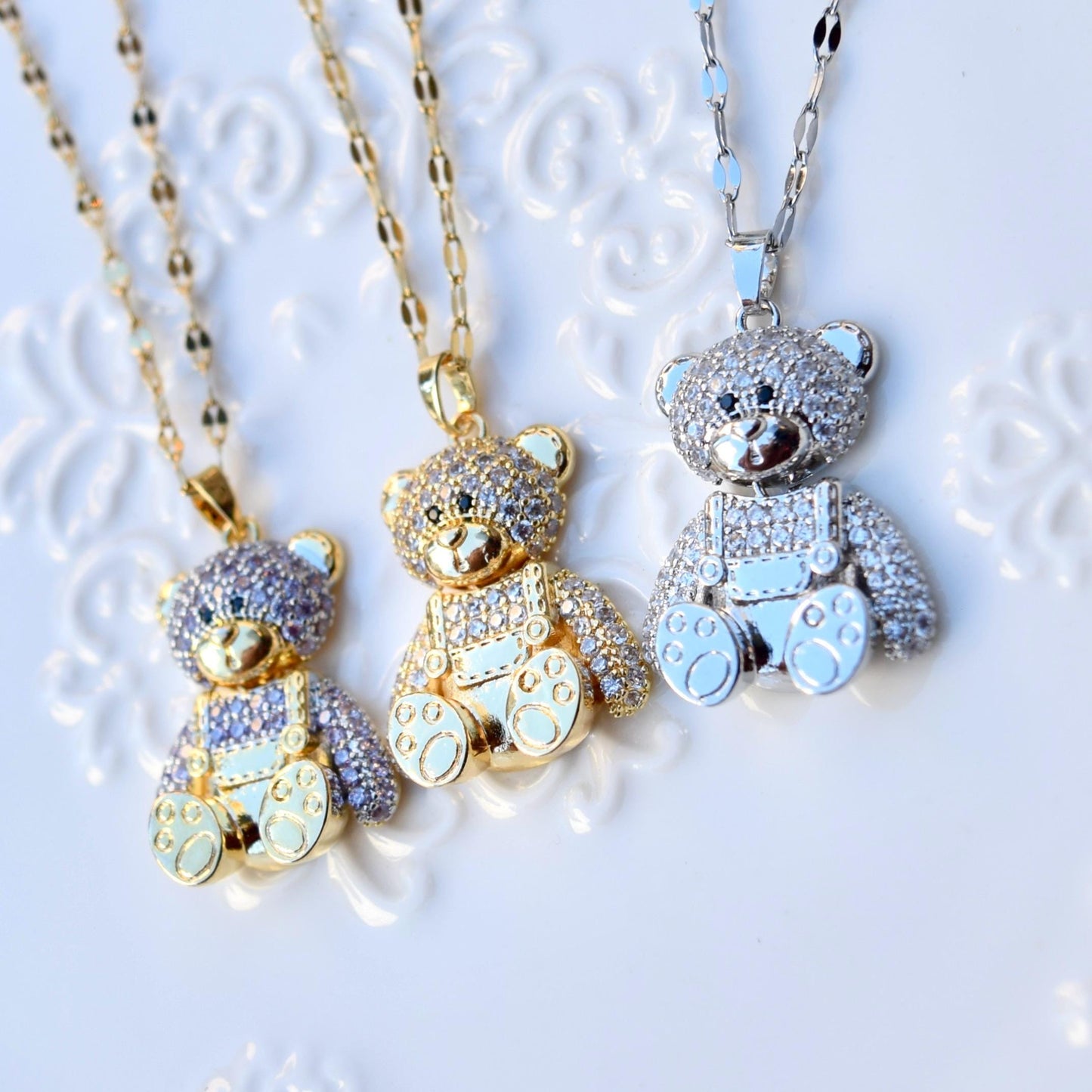Diamond Bear Pendant Necklace - Cubic Zirconia Stainless Steel Necklace