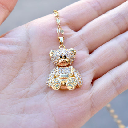 Diamond Bear Pendant Necklace - Cubic Zirconia Stainless Steel Necklace