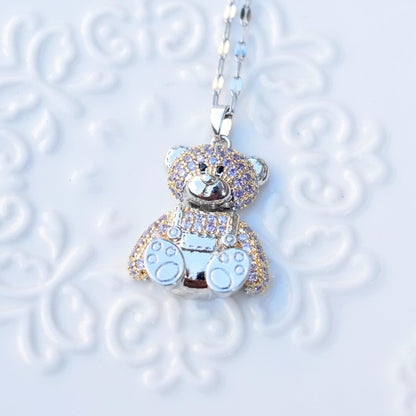 Diamond Bear Pendant Necklace - Cubic Zirconia Stainless Steel Necklace