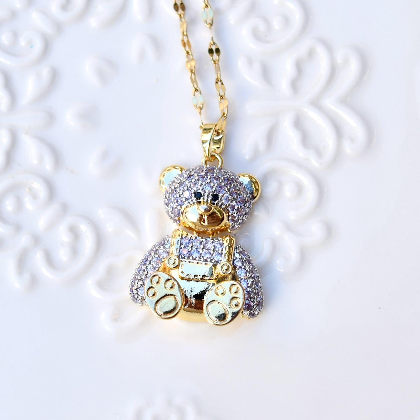 Diamond Bear Pendant Necklace - Cubic Zirconia Stainless Steel Necklace