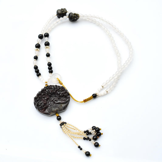 Black Flora Comb Pendant Necklace - Rhodonite Agate Beaded