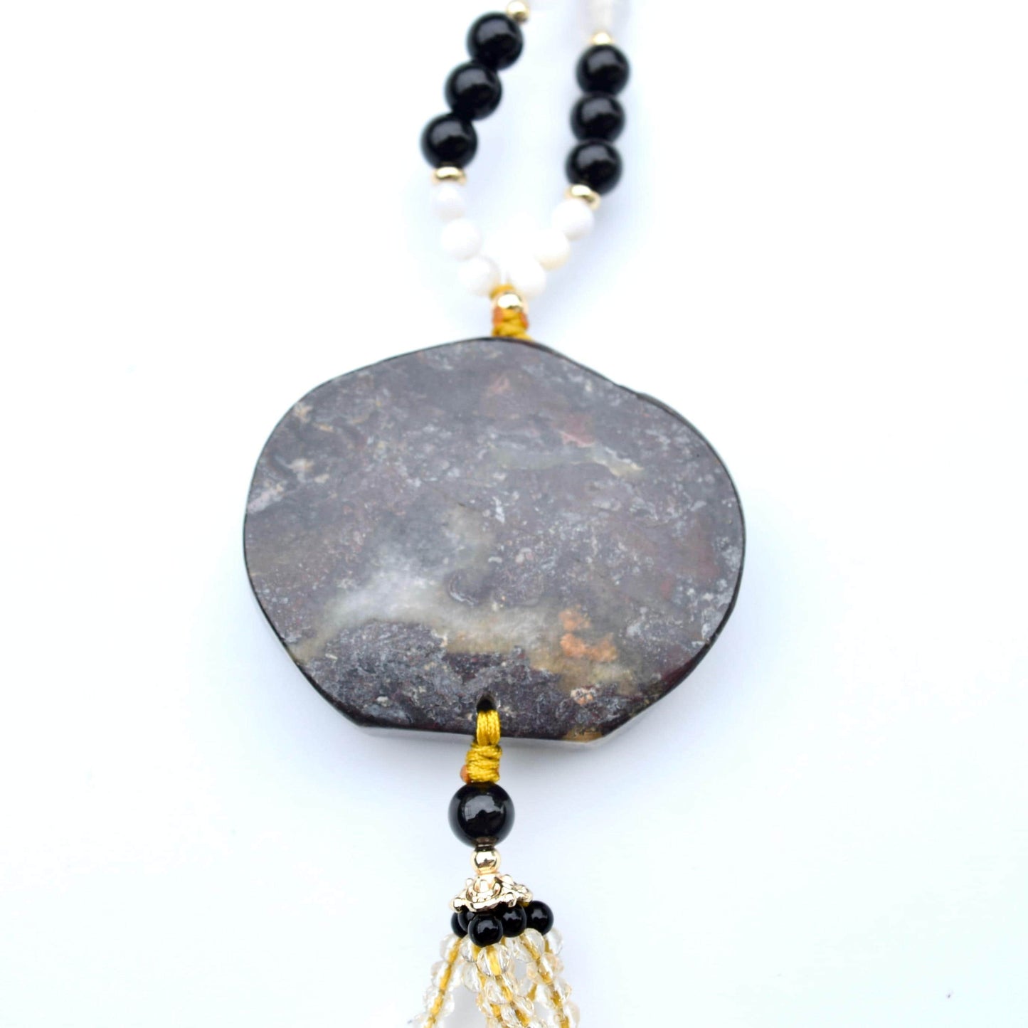 Black Flora Comb Pendant Necklace - Rhodonite Agate Beaded