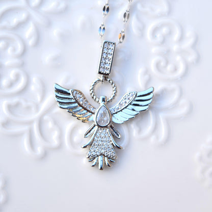 Diamond Angel Pendant Necklace - Cubic Zirconia Stainless Steel Necklace