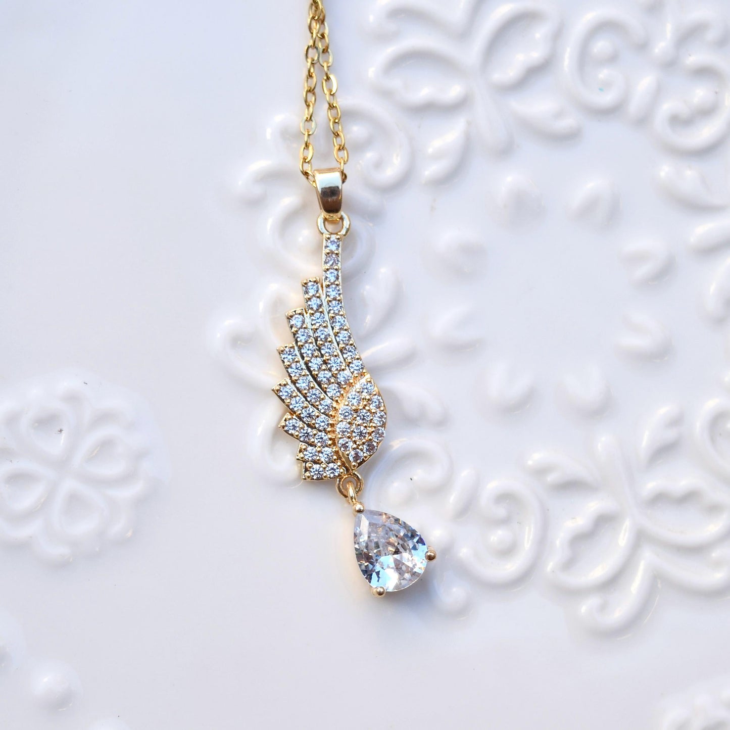 Diamond Angel Wings Pendant Necklace - Cubic Zirconia Stainless Steel Necklace