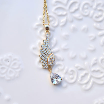 Diamond Angel Wings Pendant Necklace - Cubic Zirconia Stainless Steel Necklace