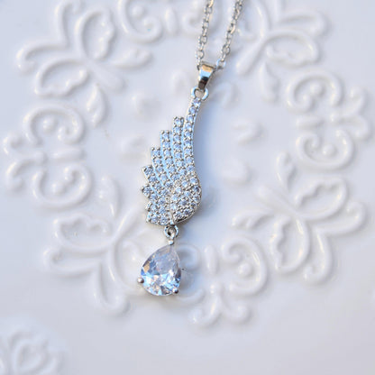 Diamond Angel Wings Pendant Necklace - Cubic Zirconia Stainless Steel Necklace