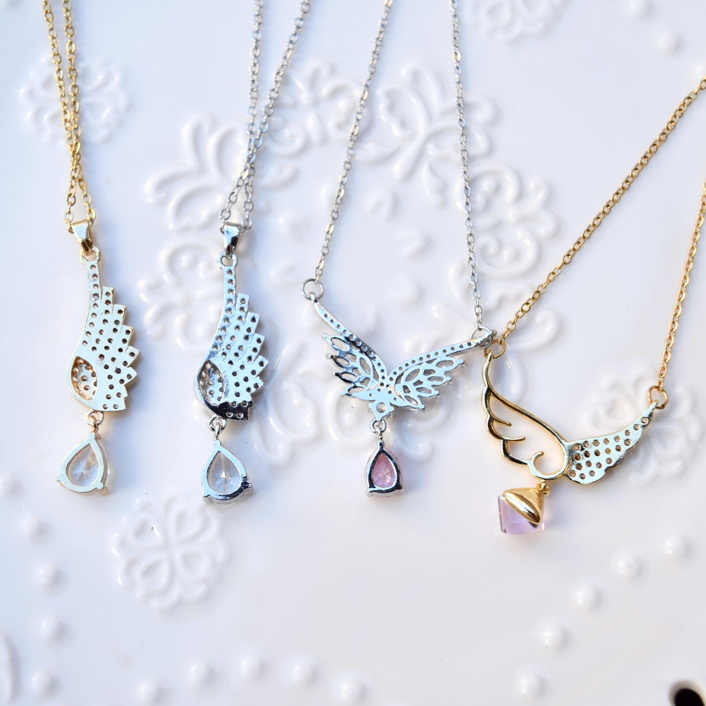 Diamond Angel Wings Pendant Necklace - Cubic Zirconia Stainless Steel Necklace