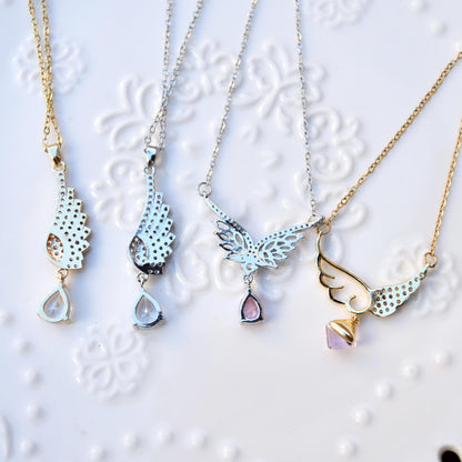 Diamond Angel Wings Pendant Necklace - Cubic Zirconia Stainless Steel Necklace