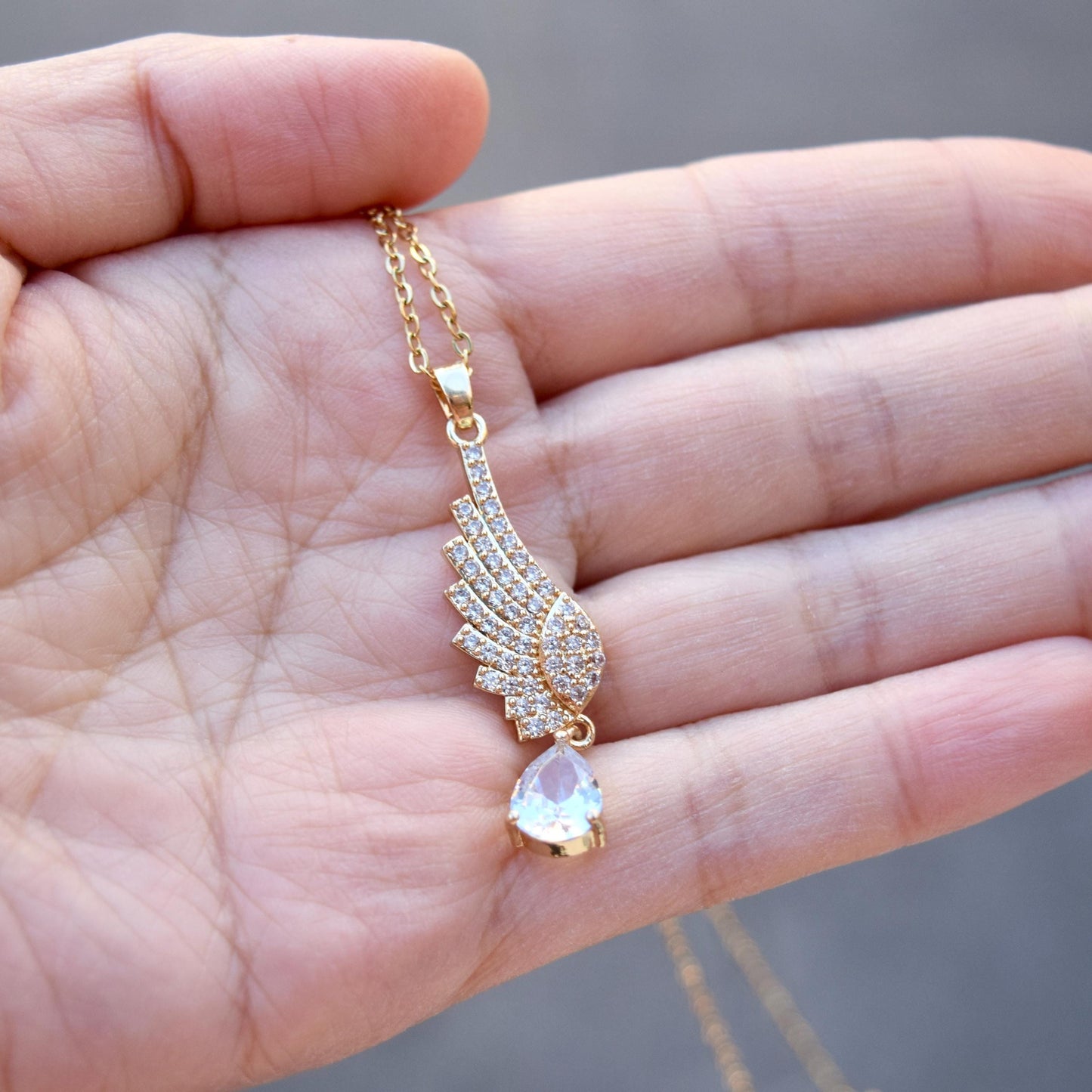 Diamond Angel Wings Pendant Necklace - Cubic Zirconia Stainless Steel Necklace