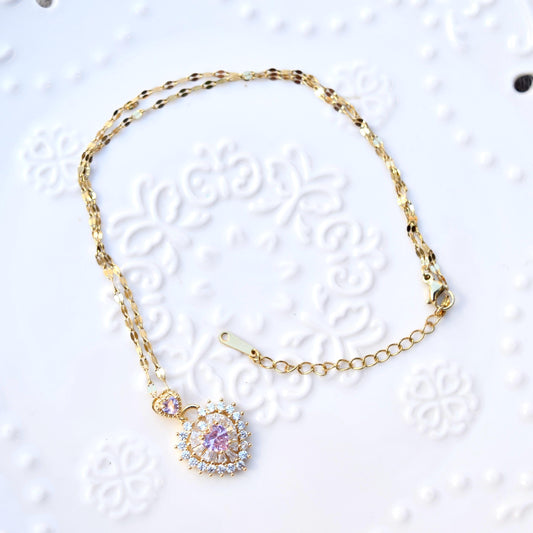 Princess Pink Crystal Charm Necklace - Heart Circle Flower