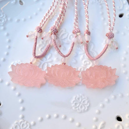 1 pc Pink Lotus Pendant Rope Necklace - Rose Quartz Crystal Pendant