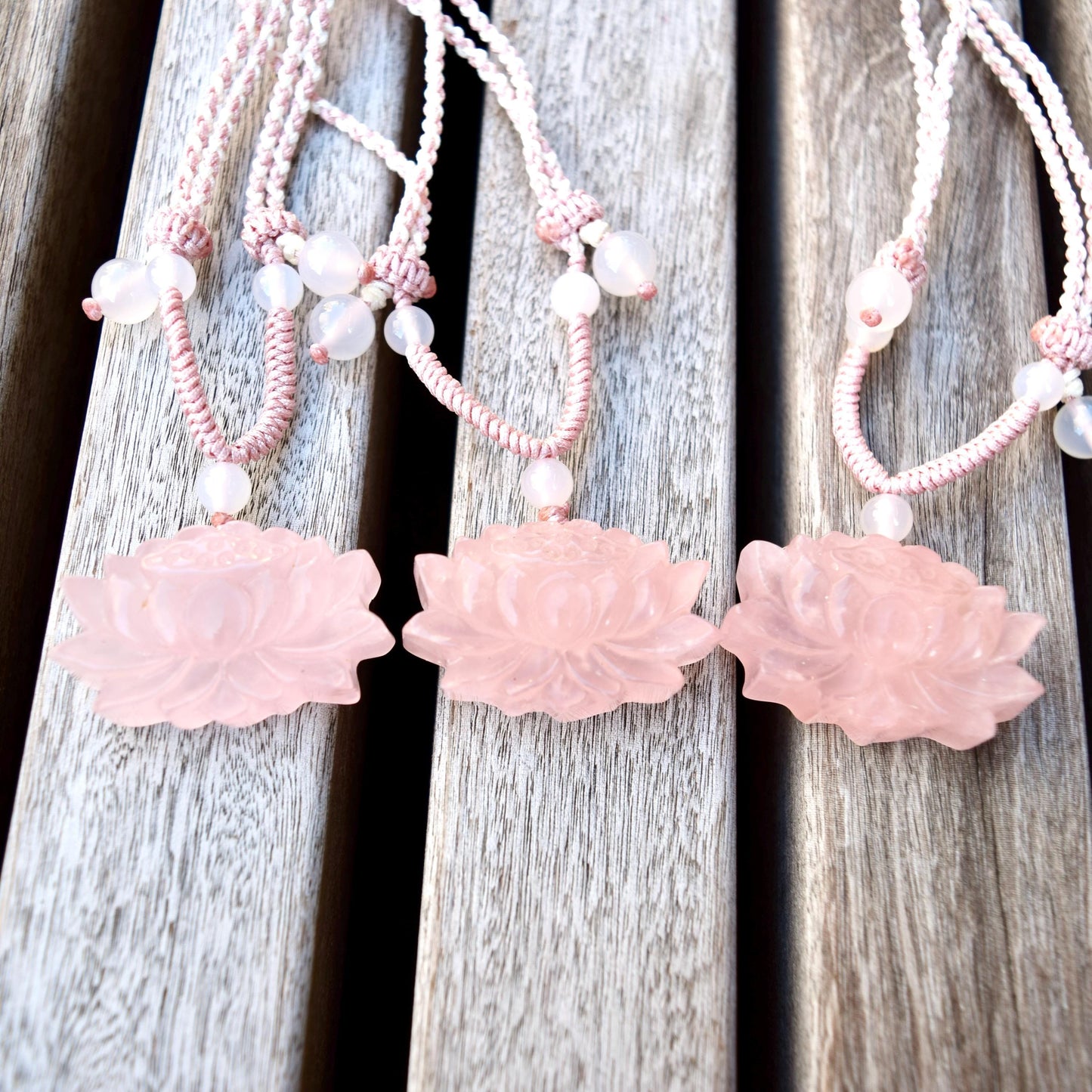 1 pc Pink Lotus Pendant Rope Necklace - Rose Quartz Crystal Pendant