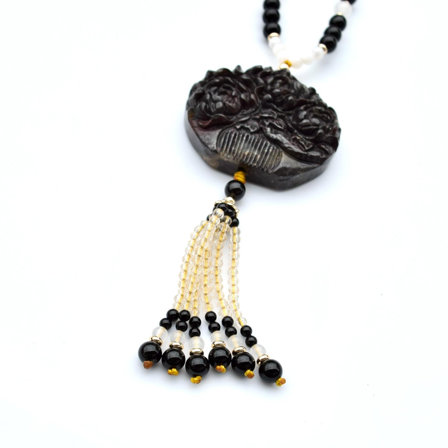 Black Flora Comb Pendant Necklace - Rhodonite Agate Beaded